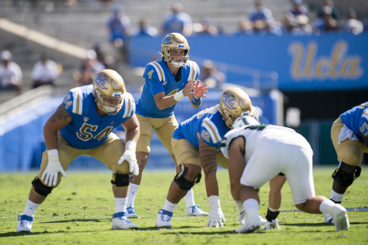 UCLA quarterback Ethan Garbers waits for the ball to be snapped