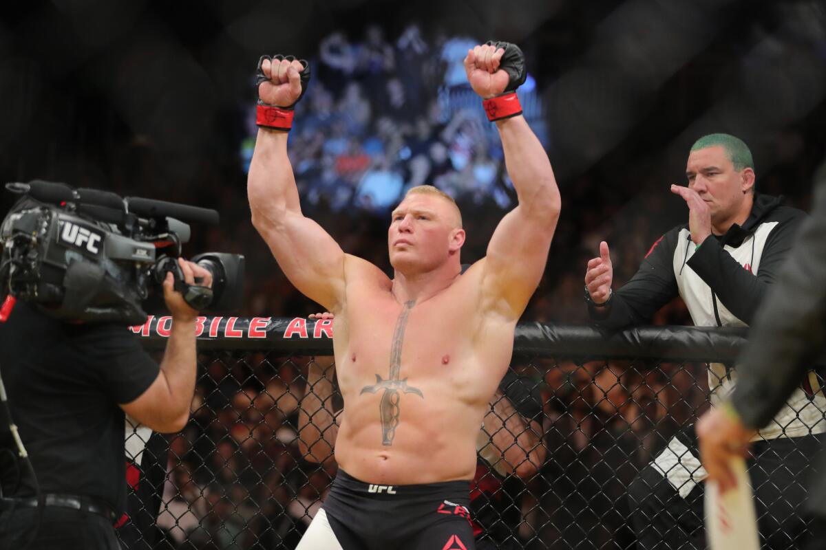 Brock Lesnar is shown before his fight against Mark Hunt during the UFC 200 event at T-Mobile Arena on July 9.