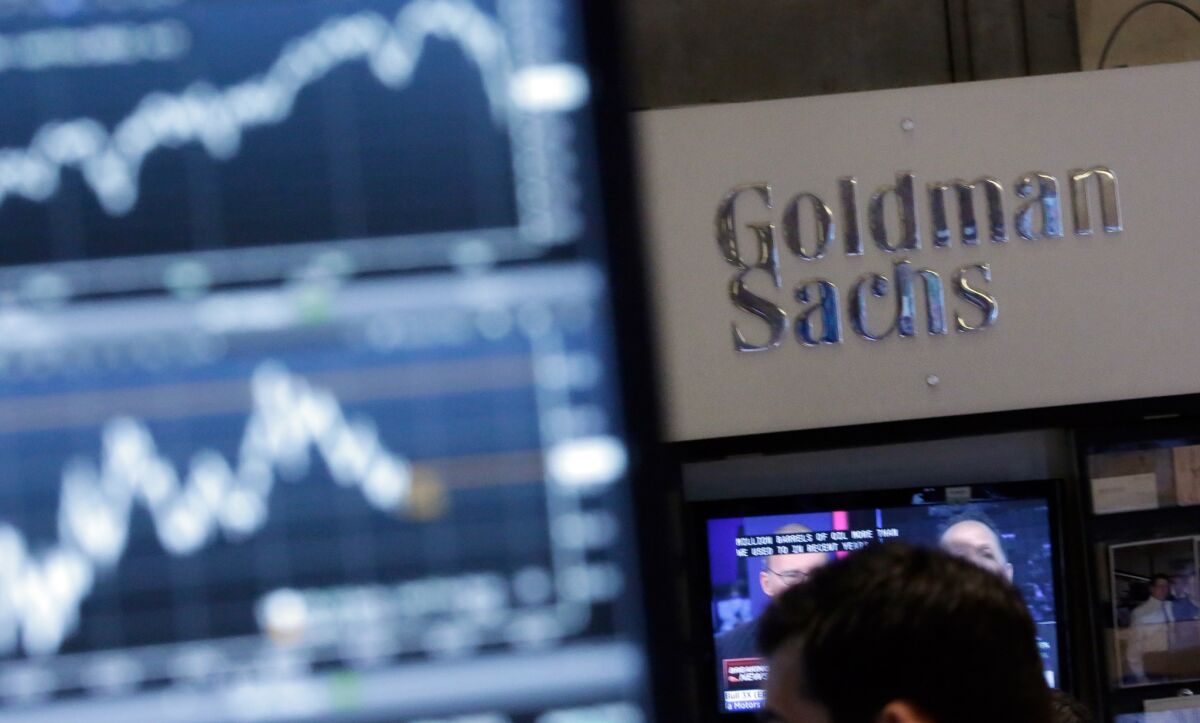 The Goldman Sachs booth at the New York Stock Exchange on Oct. 16, 2014.