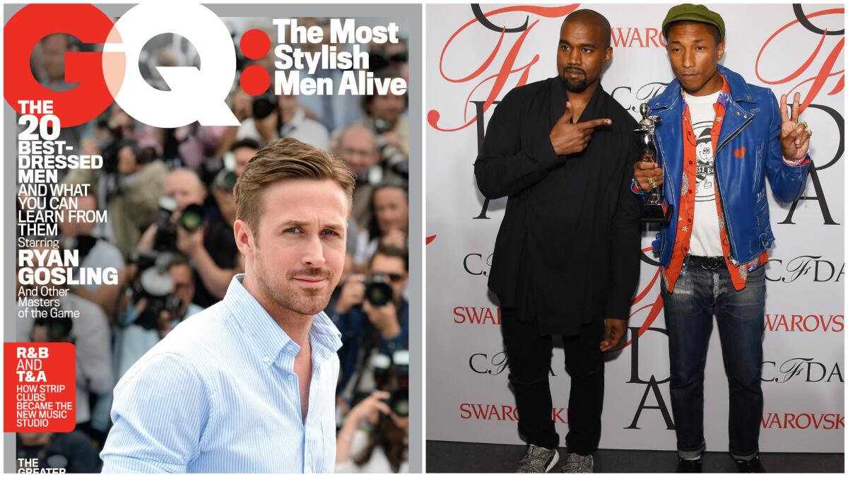 At left, the July 2015 cover of GQ magazine featuring Ryan Gosling, named one of the 20 most stylish men alive. At right, Kanye West, left, and Pharrell Williams, who also made the list, on the red carpet at the June 1 CDFA Fashion Awards in New York City.
