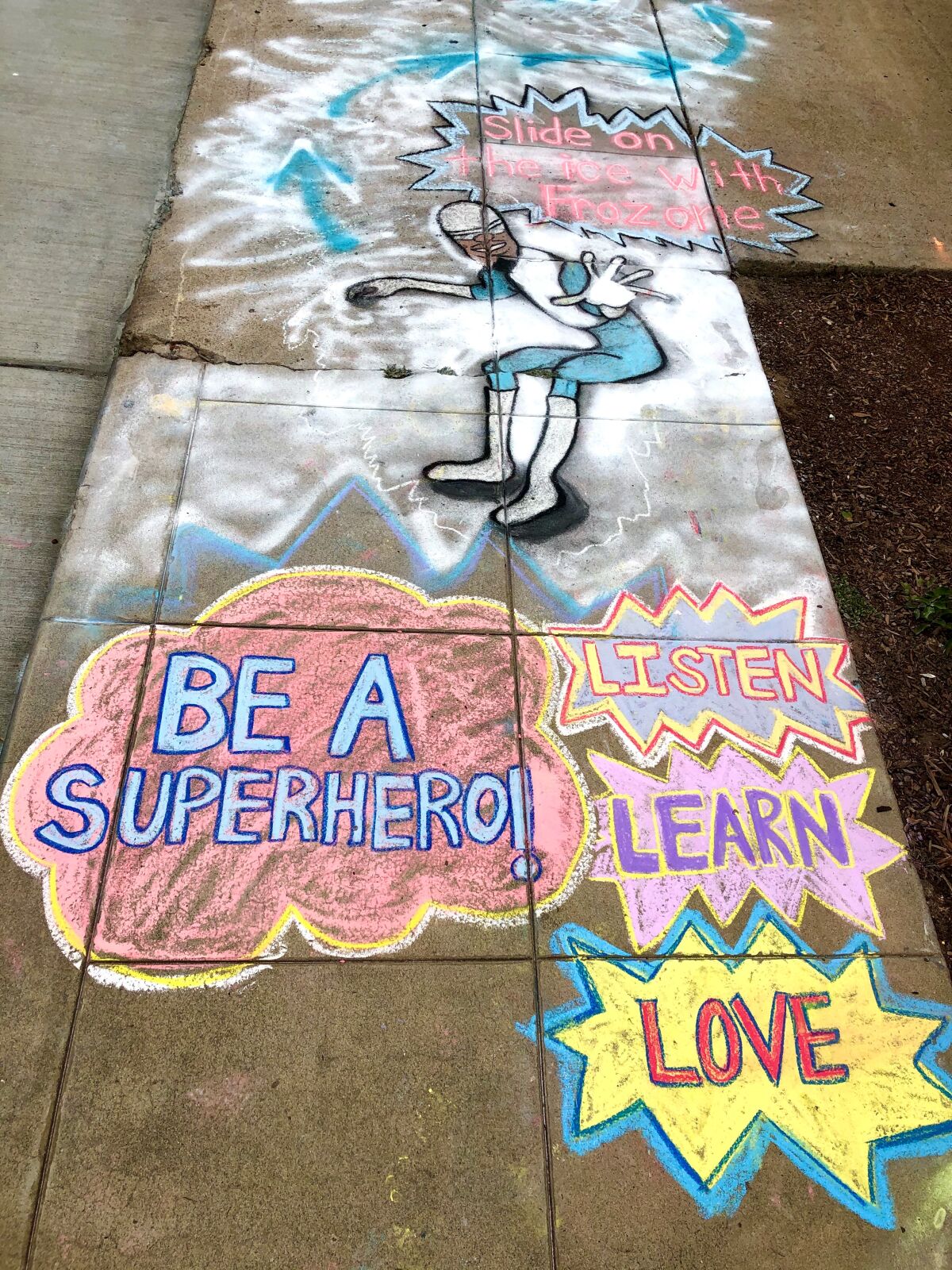 Amelia Leidy's sidewalk chalk creations include activities, messages and familiar characters.