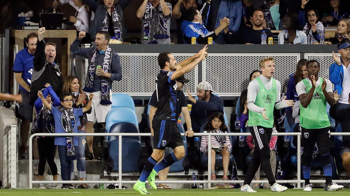 San Jose Earthquakes forward Marco Urena, center, celebrates his goal against Real Salt Lake during the second half on June 24. LAFC chose Urena in the MLS expansion draft on Tuesday.