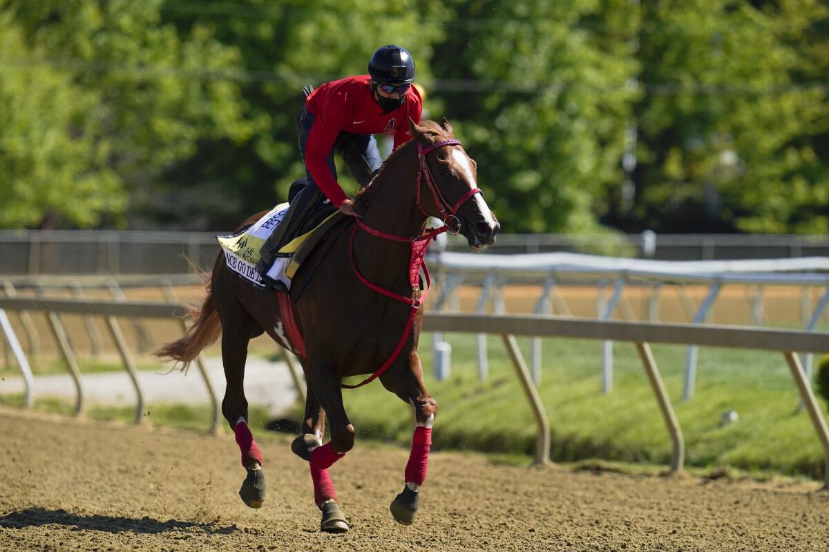 An exercise rider works out with France Go de Ina on a track.