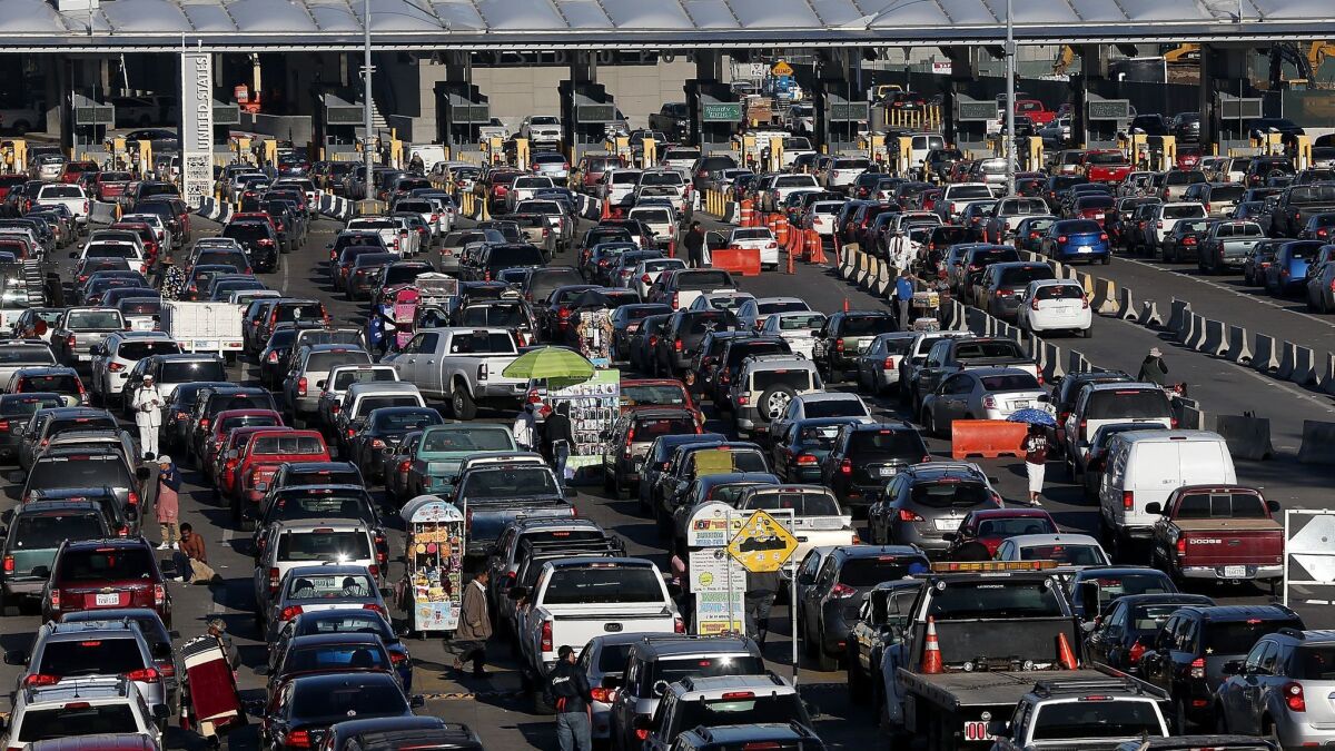Cars wait in line to enter the United States at the San Ysidro Port of Entry.