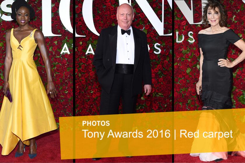 Danai Gurira, Julian Fellowes and Andrea Martins attend the 70th Tony Awards at The Beacon Theatre in New York.