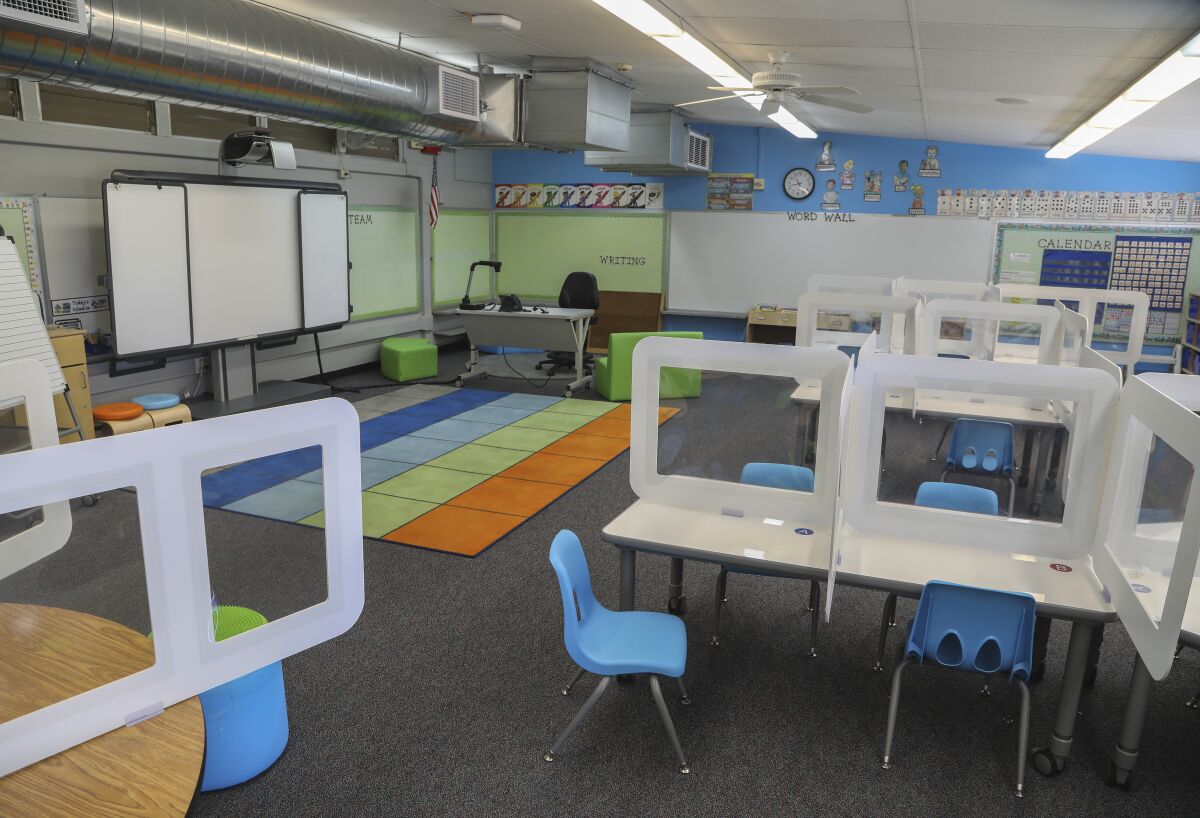A classroom is set up at Lafayette Elementary School on Oct. 13 in San Diego.