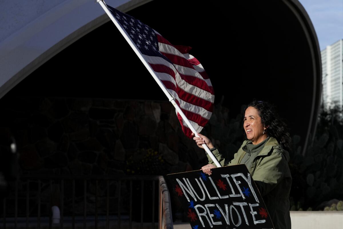 A woman holds an American flag near a sign that reads "Nullify. Revote." 