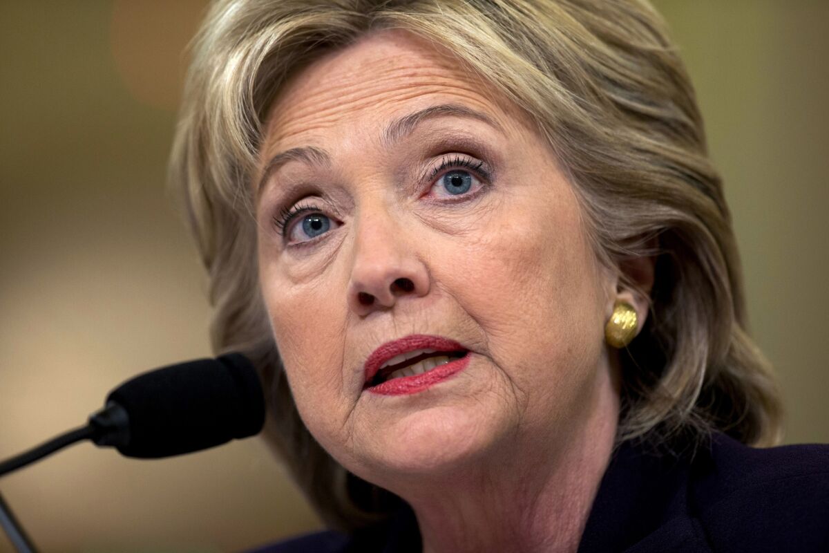 Former Secretary of State Hillary Clinton testifies on Capitol Hill in Washington on Oct. 22, 2015.