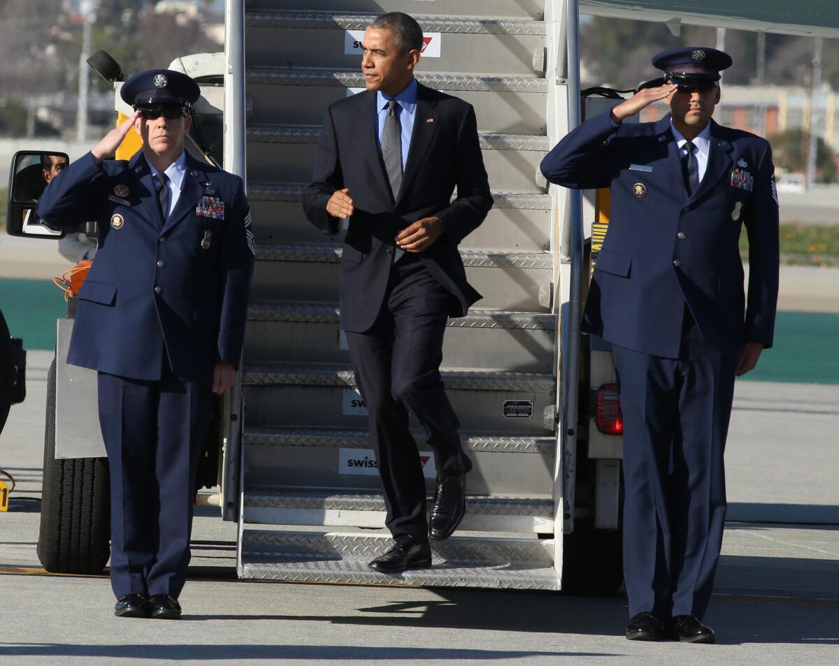 President Obama arrives on Air Force One at Los Angeles International Airport in February 2016.