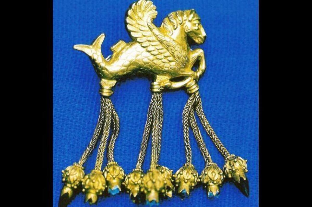 The winged seahorse brooch from the so-called Lydian Hoard, or Treasure of Croesus. The artifact was found in Germany, seven years after it went missing from the Usak Museum in Turkey.