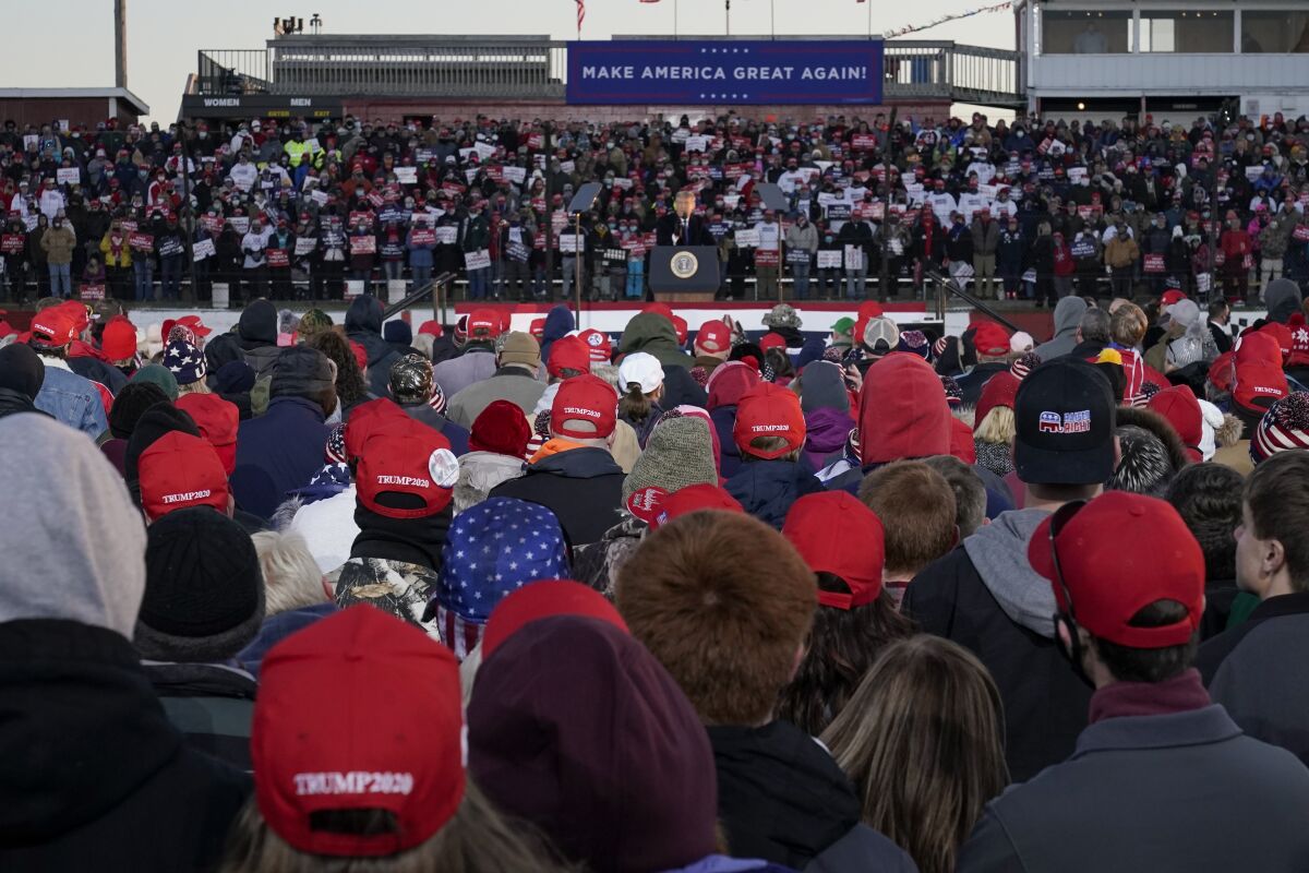 President Trump speaks at a campaign rally Tuesday in West Salem, Wis.