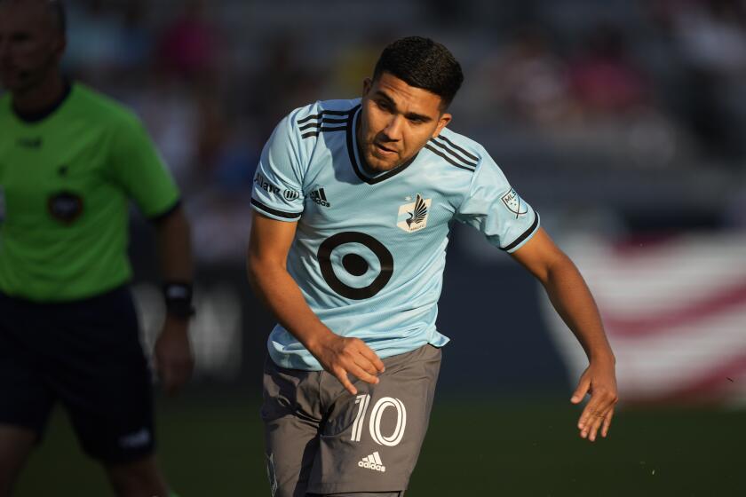 Minnesota United midfielder Emanuel Reynoso (10) in the first half of an MLS soccer match.