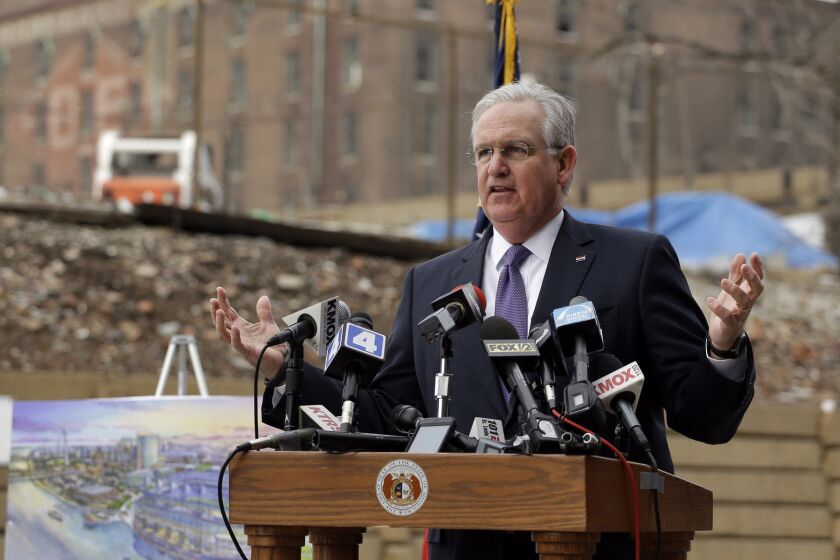 Missouri Gov. Jay Nixon addresses reporters during a news conference on Feb. 10 regarding a potential site for a new NFL stadium in St. Louis.