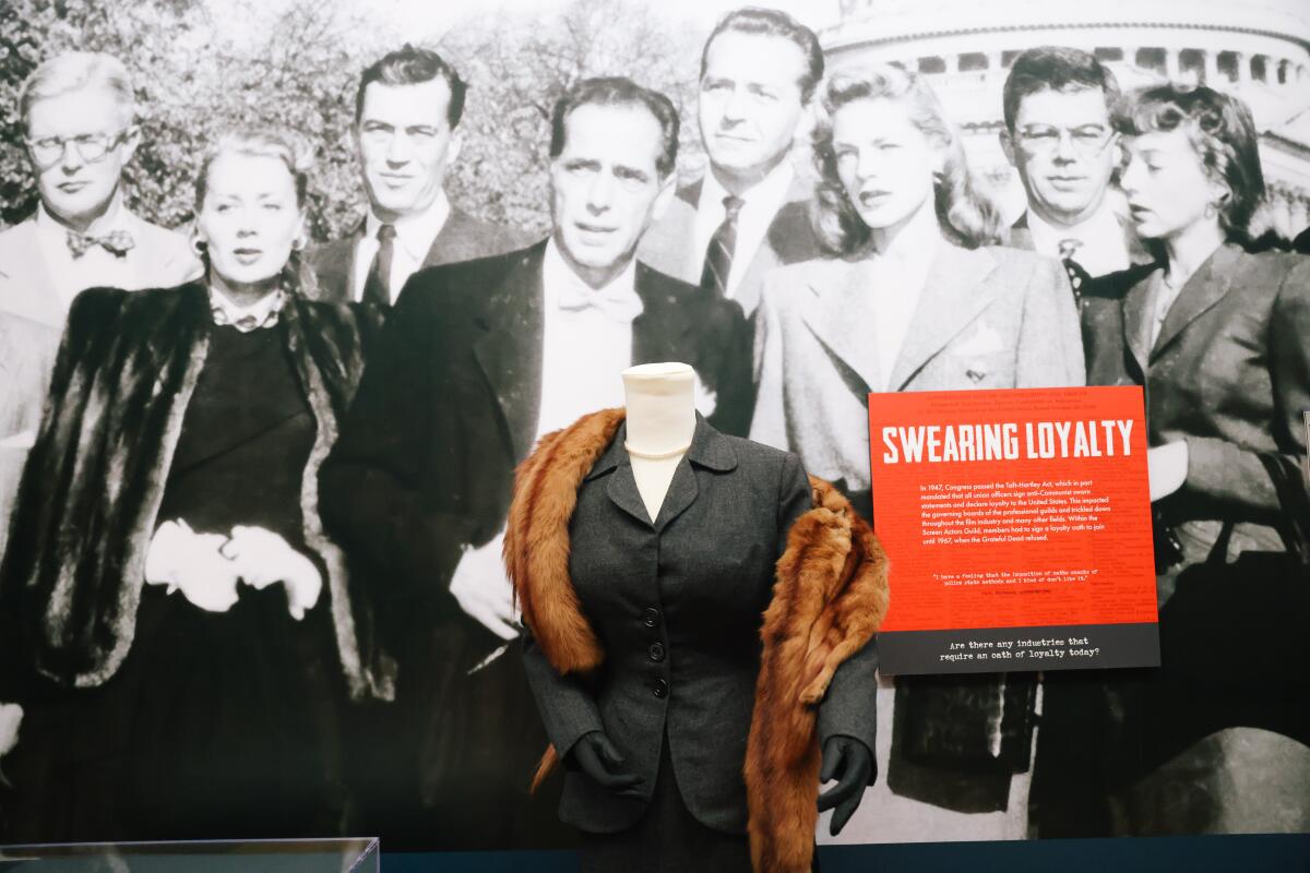 Lauren Bacall's costume on display in "Blacklist: The Hollywood Red Scare." 