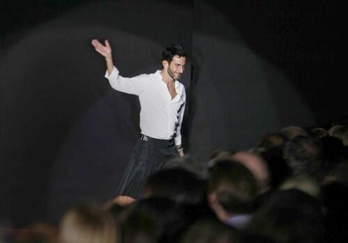 Marc Jacobs waves to the audience after the presentation of his fall collection in New York.