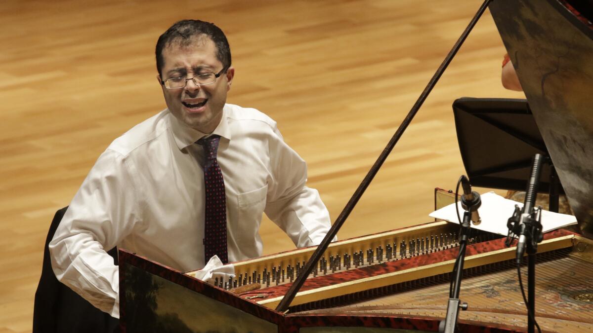 Mahan Esfahani, harpsichordist performs JS Bach's Harpsichord Concerto #1 with members of the Los Angeles Chamber Orchestra in the Baroque Conversations series.