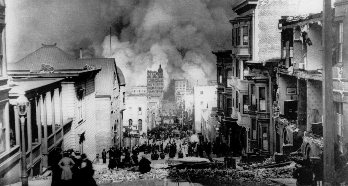 Fires break out in San Francisco on April 18, 1906, after a 7.8 magnitude earthquake struck the city.