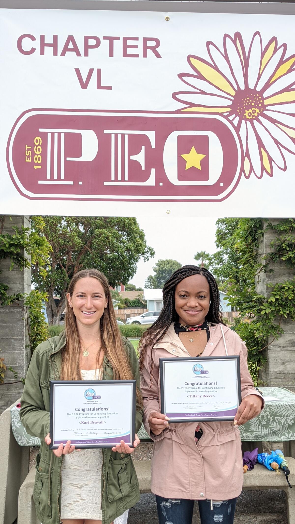 MiraCosta students Kari Brayall and Tiffany Reece each received $3,000 from the P.E.O.  