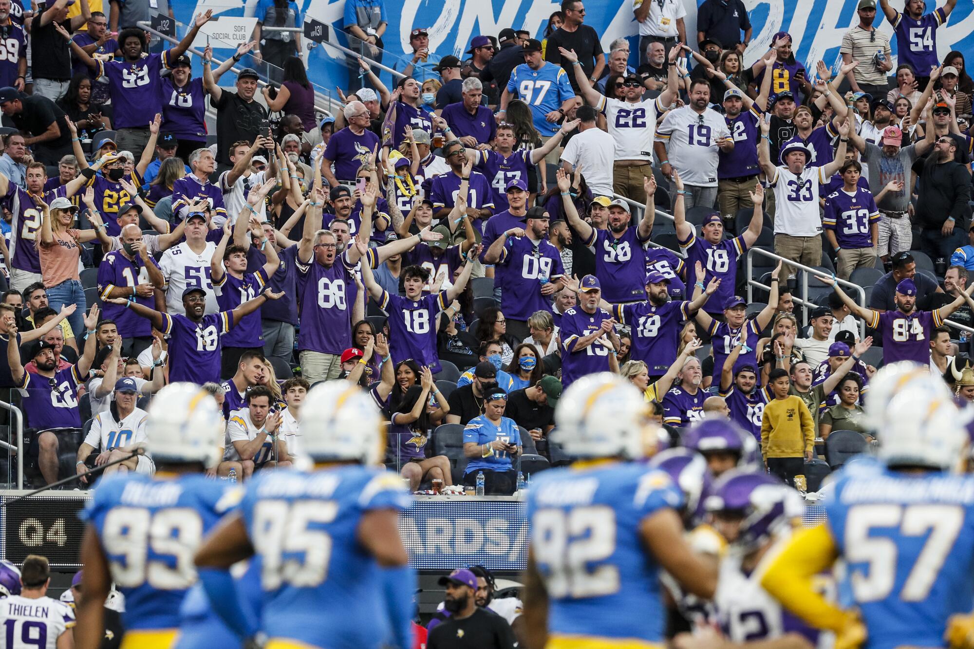 Minnesota Vikings fans conduct a "Skol" chant late in the game against the Chargers.