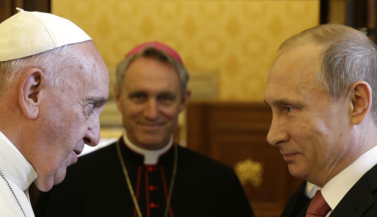 Pope Francis meets Russian President Vladimir Putin at the Vatican in 2015.