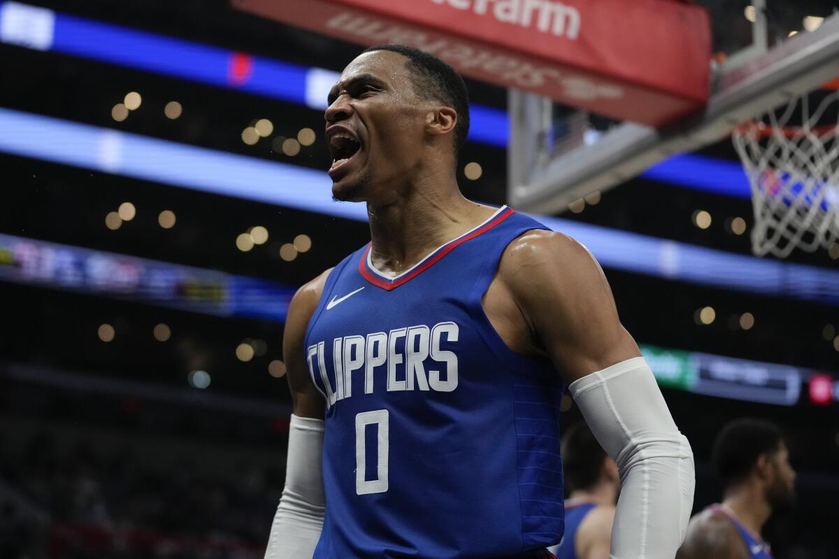 Clippers guard Russell Westbrook reacts after a block against the Charlotte Hornets at Crypto.com Arena Tuesday.