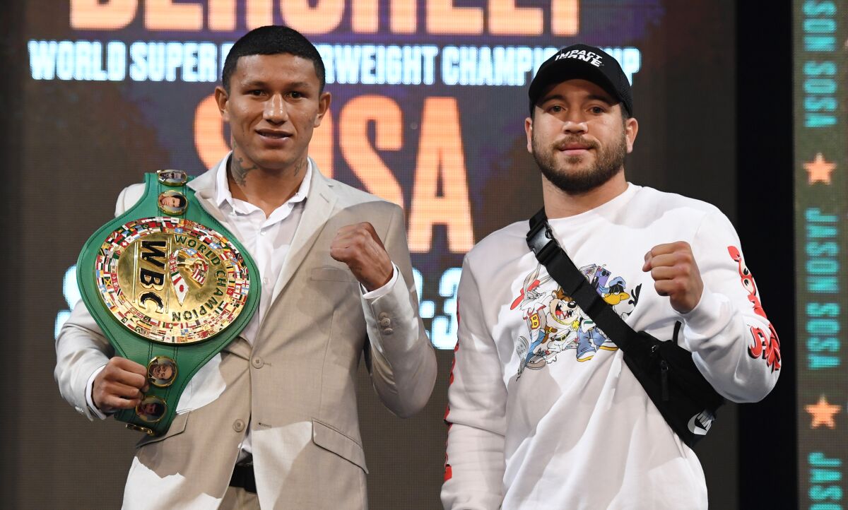 WBC junior lightweight champion Miguel Berchelt, left, and Jason Sosa will fight Saturday in Carson.