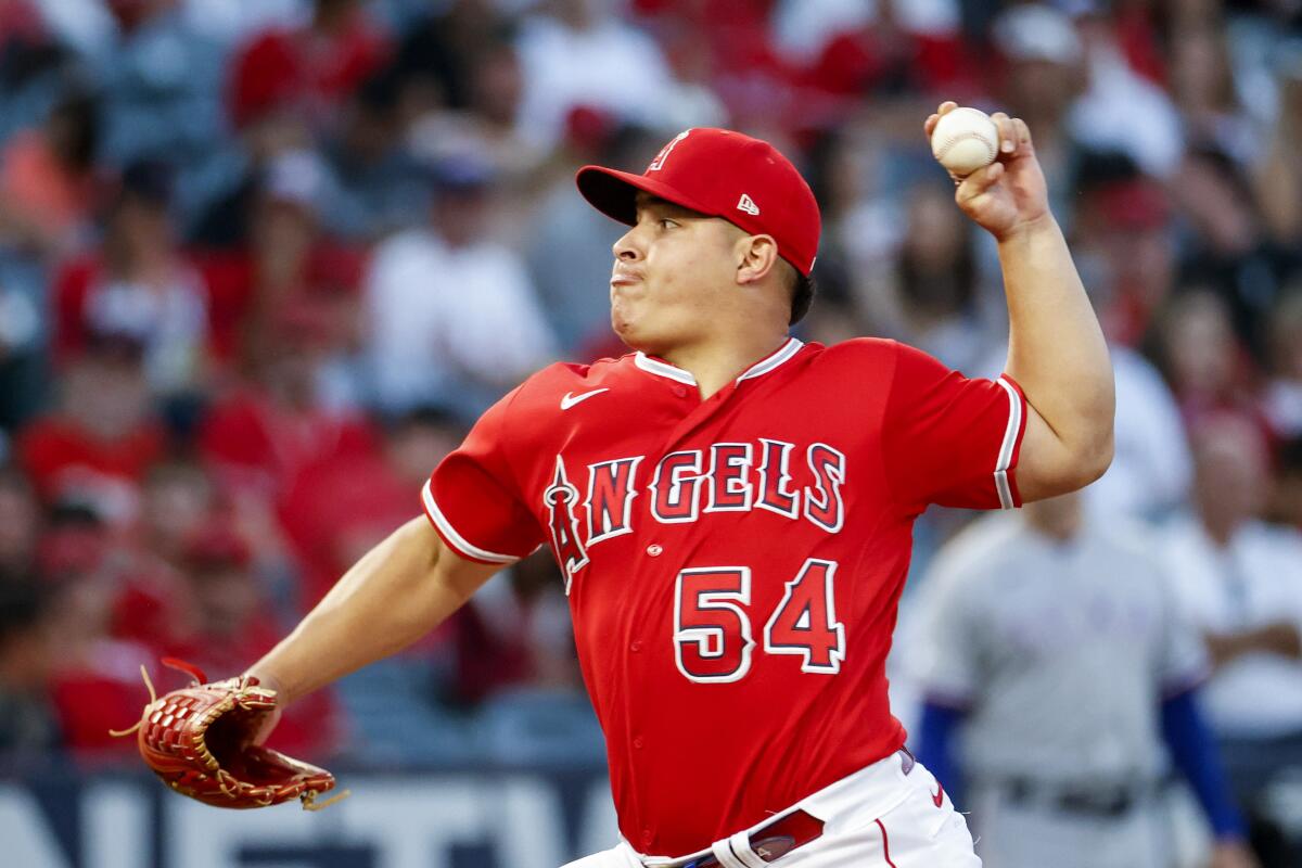 Angels starter José Suarez pitches against the Texas Rangers on Oct. 1, 2022.
