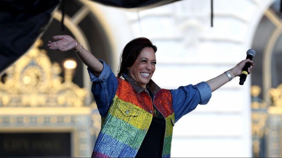 Sen. Kamala Harris speaks during the San Francisco Pride Parade on June 30.