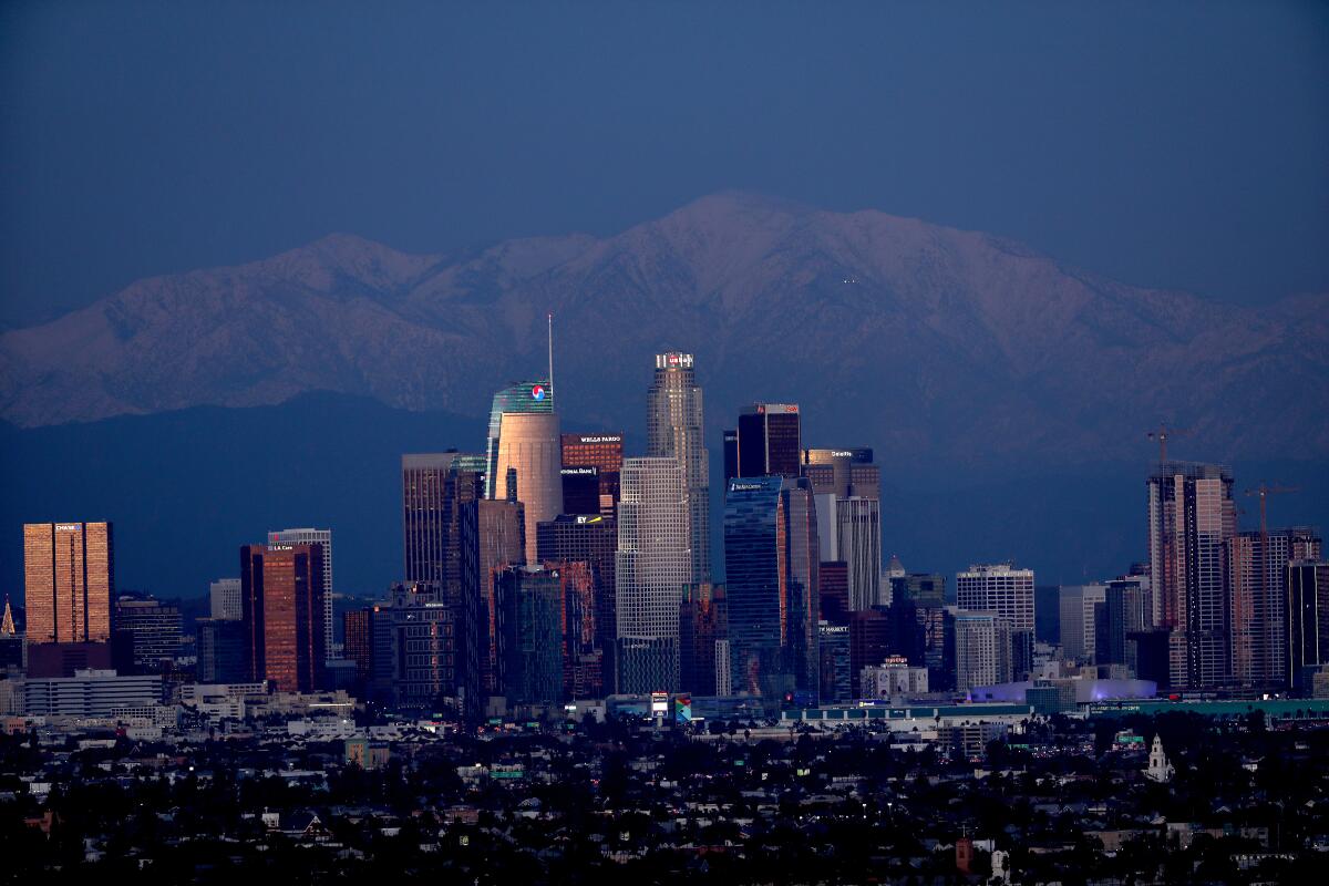 Downtown Los Angeles with the San Gabriel Mountains in the background 