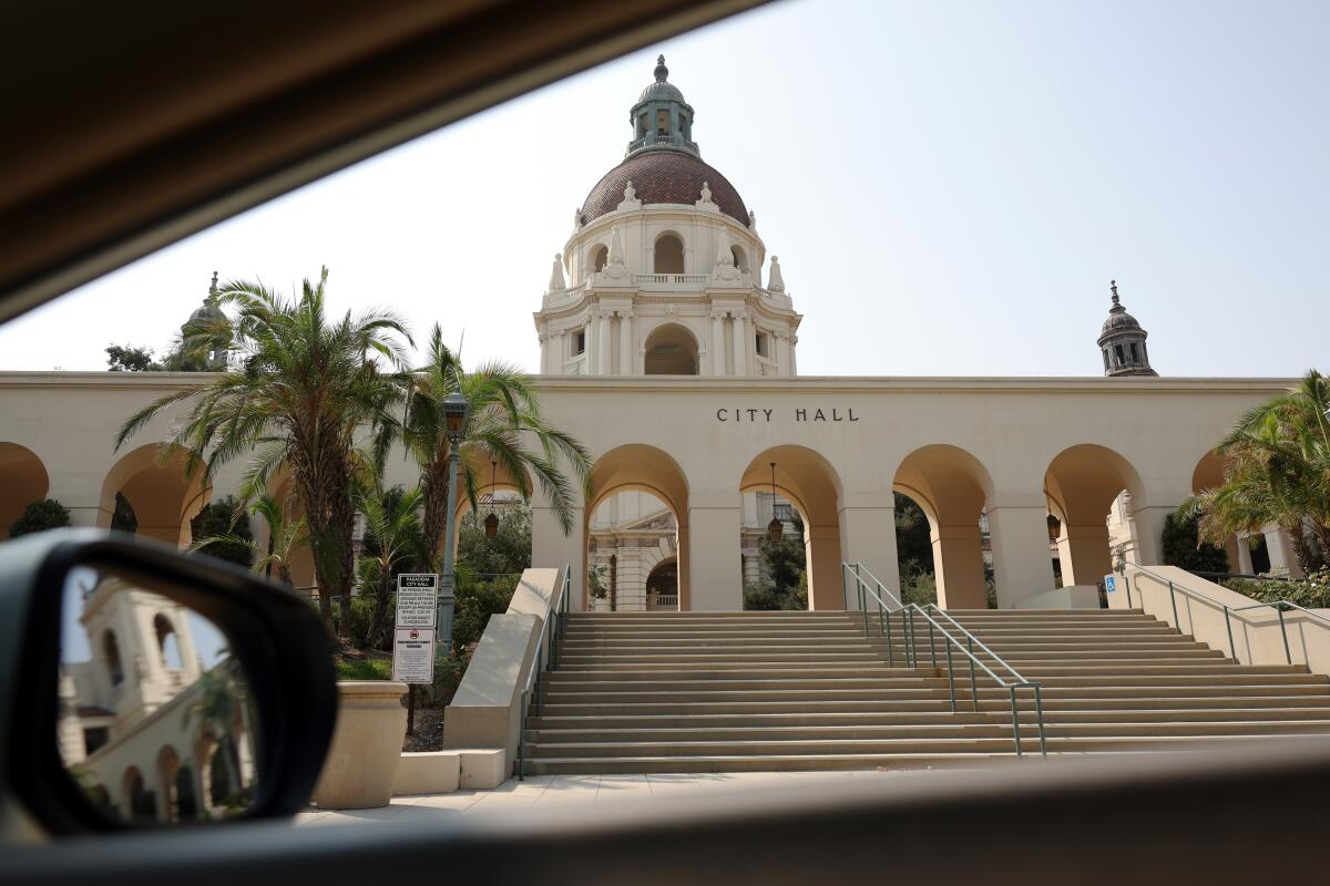 Pasadena City Hall is seen from the street on a driving tour of Pasadena Architecture