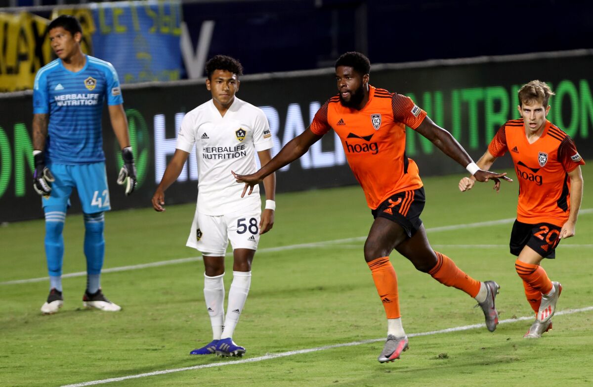 Orange County Soccer Club forward Sean Okoli celebrates a goal during a match against L.A. Galaxy II.