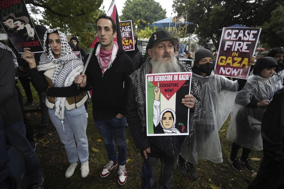 Protesters participate in a sit-in demanding a cease-fire in the Israel-Hamas war at De Longpre Park