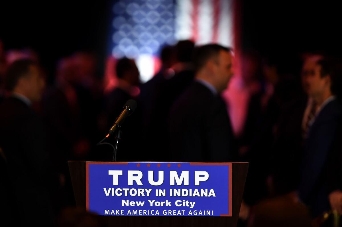A sign reads "Trump Victory in Indiana" on the podium before Donald Trump speaks in New York on Tuesday.