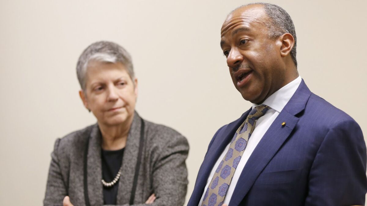 Gary May is seen in a February 2017 file photo speaking with UC President Janet Napolitano. May, the chancellor of UC Davis, condemned the recent posting of anti-Semitic fliers on the college's campus.