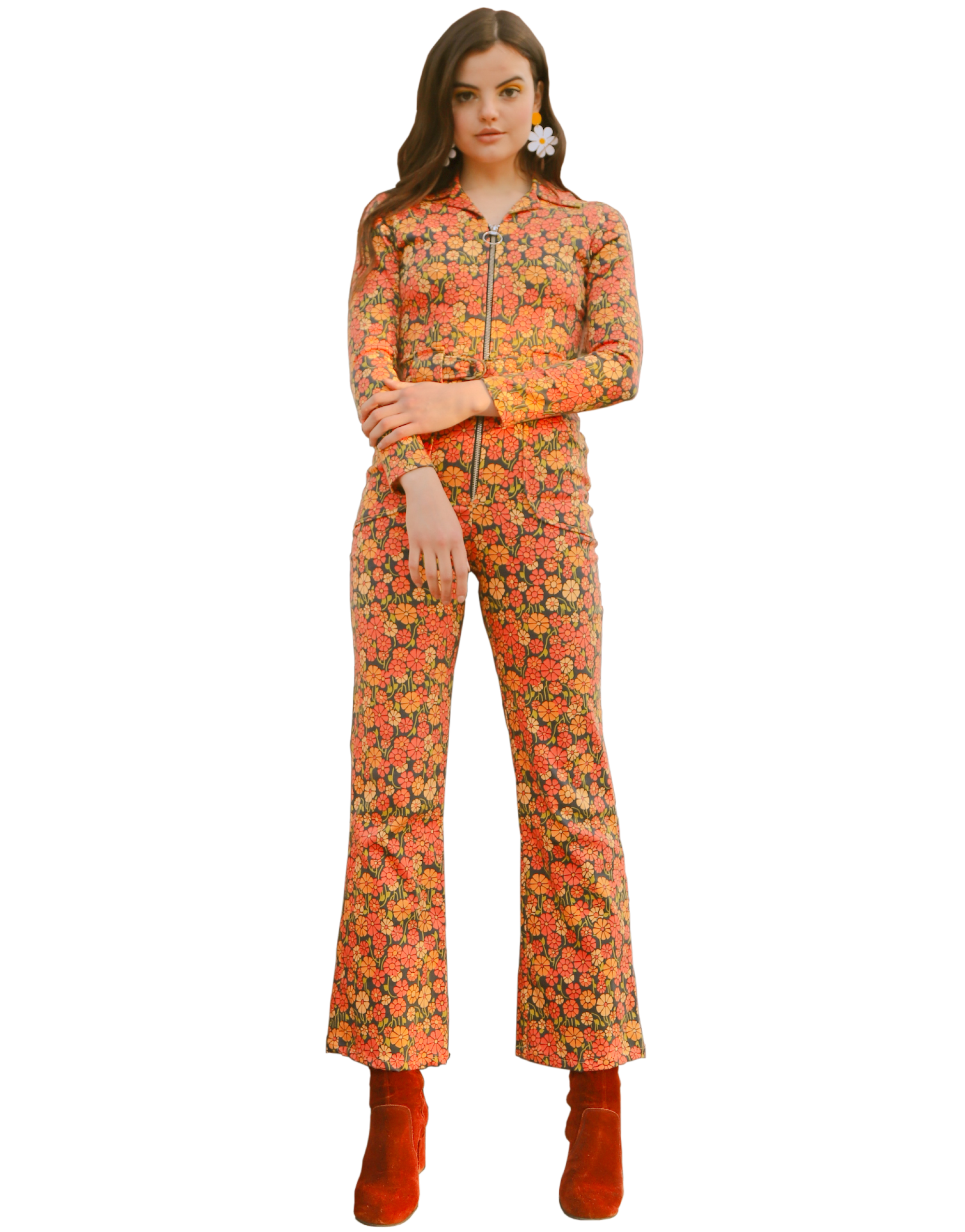 A woman models Miracle Eye's ’70s-inspired Marigold jumpsuit
