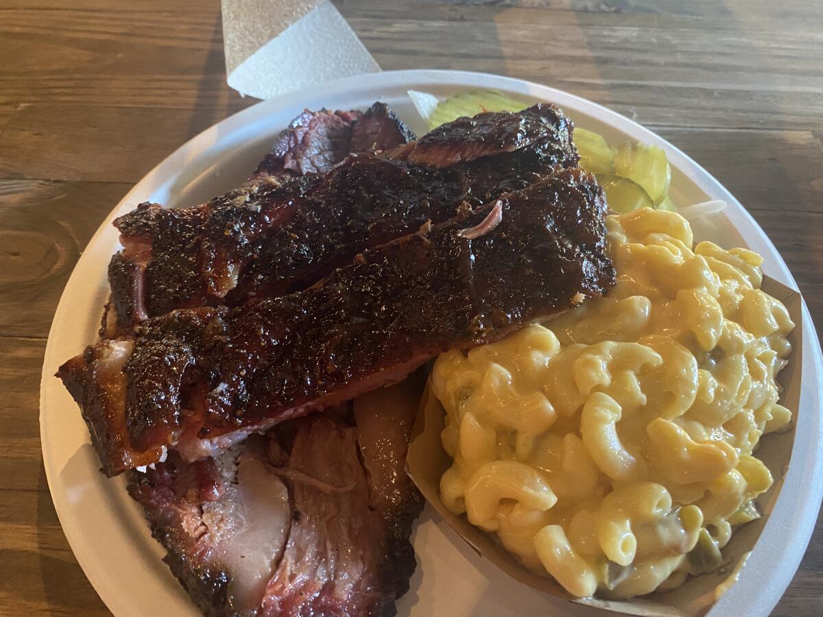 Brisket, ribs and mac and cheese at Pecan Lodge in Dallas.