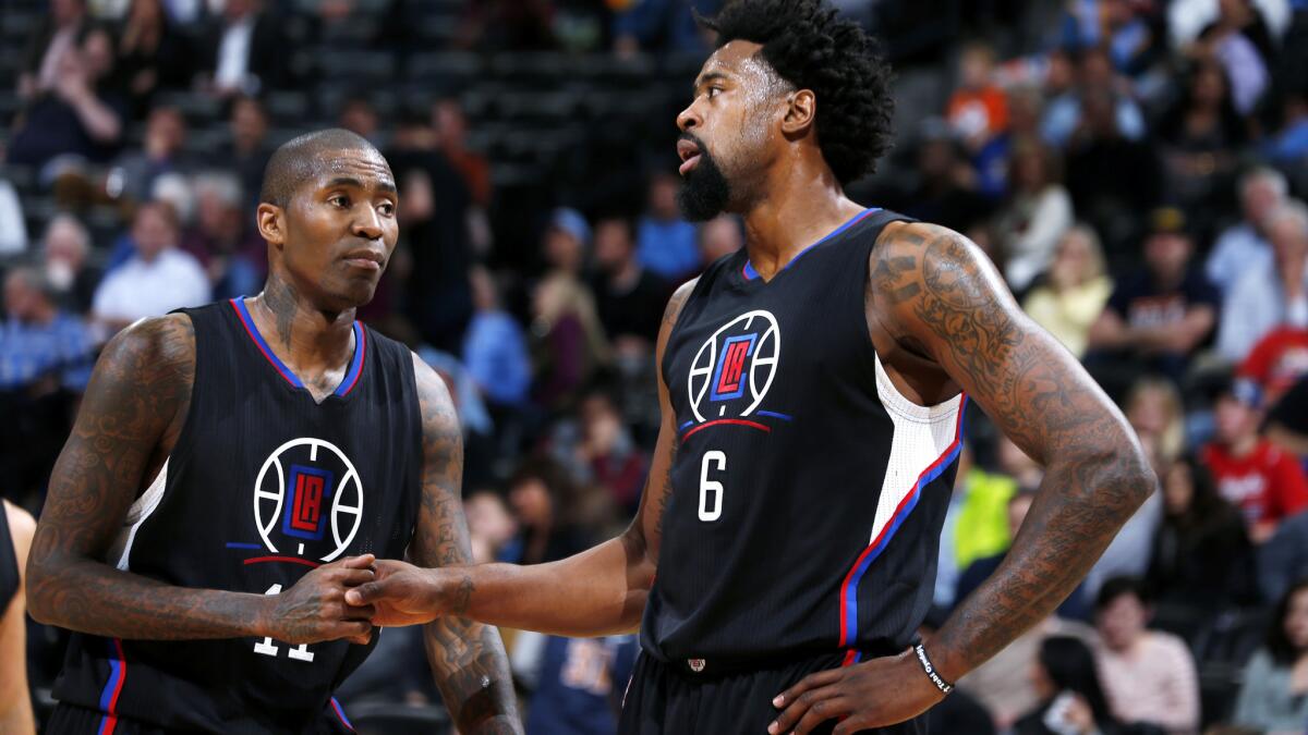 Clippers center DeAndre Jordan (6) and guard Jamal Crawford (11) during a game against the Nuggers on Tuesday.