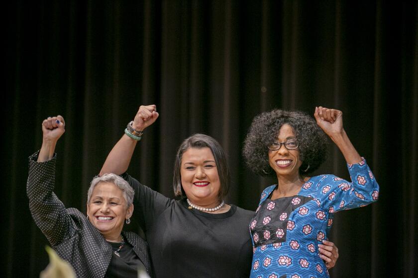 SAN DIEGO, CALIFORNIA, December 10, 2018 | Incoming City Councilwomen Jennifer Campbell, Vivian Moreno and Monica Montgomery pose for pictures for supporters after being sworn in to the San Diego City Council at Golden Hall in San Diego, California. | PHOTO/SAM HODGSON Staff photographer, San Diego Union-Tribune. ?2018