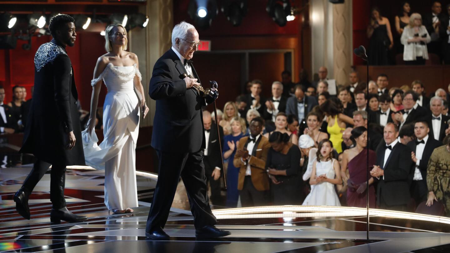 James Ivory after winning for best adapted screenplay for "Call Me by Your Name" backstage at the 90th Academy Awards on Sunday at the Dolby Theatre.