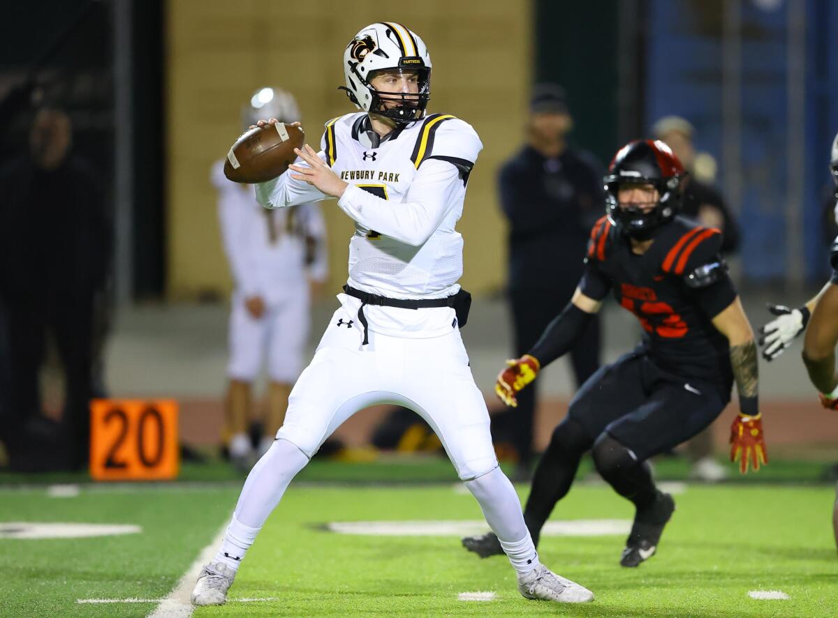 Quarterback Brady Smigiel of Newbury Park High prepares to throw a pass.