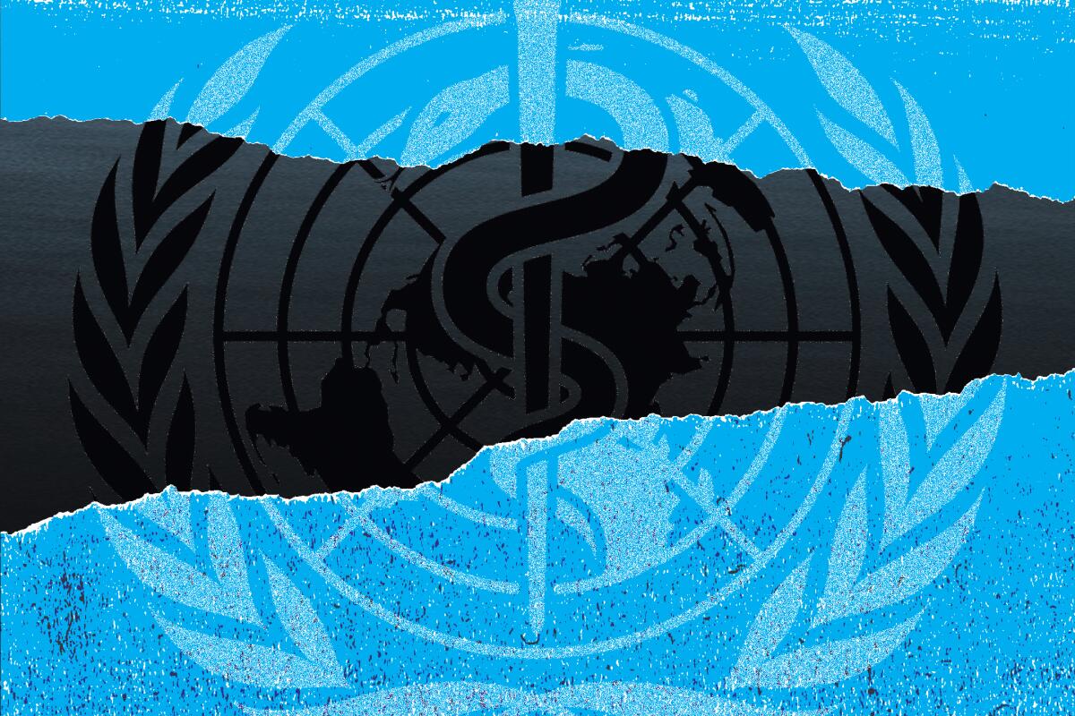 Photo illustration of the World Health Organization logo on a torn blue background with black background underneath.