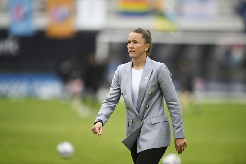 San Diego Wave head coach Casey Stoney before an NWSL game against Angel City April, 2, 2022 in San Diego, Calif. (Photo by Denis Poroy)