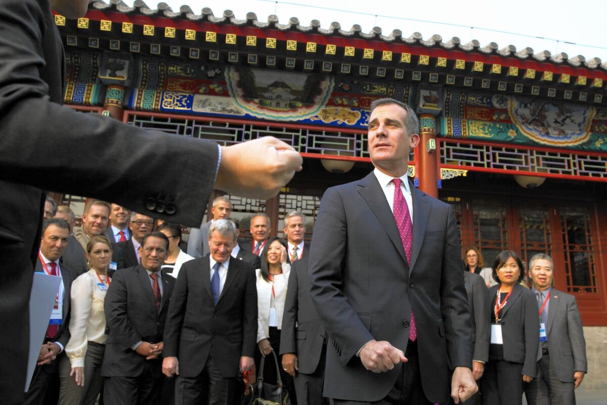 L.A. Mayor Eric Garcetti visits the Stanford Center at Peking University to speak at a program on sustainable development in Beijing. Garcetti is in China as part of a 12-day trip around Asia.