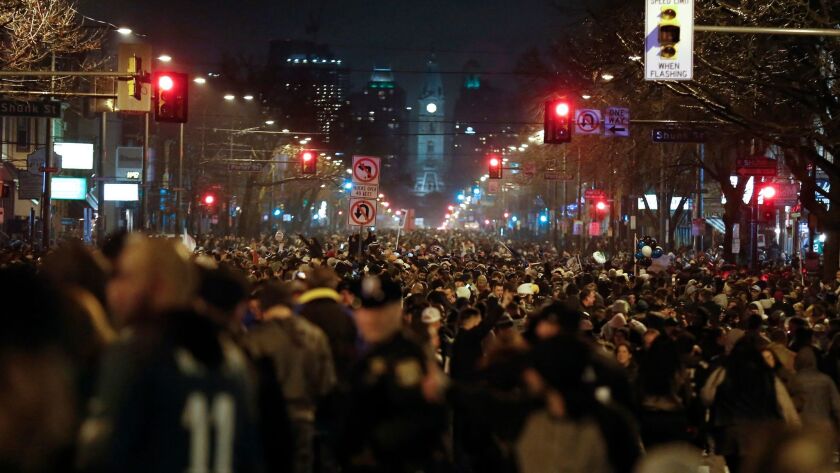 Philadelphia Eagles fans in South Philadelphia celebrate after Super Bowl LII on Feb. 4.