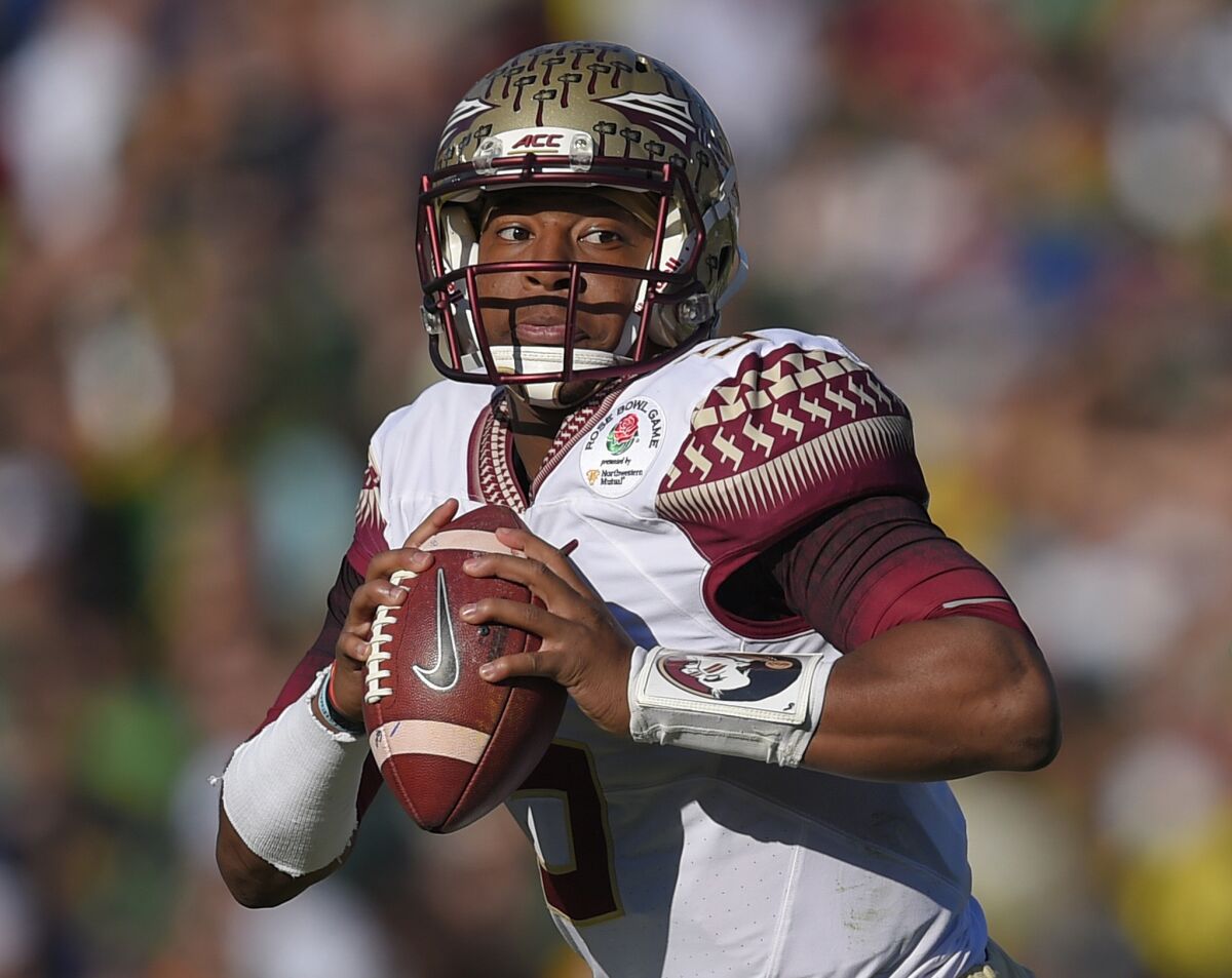 Florida State quarterback Jameis Winston looks to throw during the first half of the Rose Bowl College Football Playoff semifinal on Jan. 1.