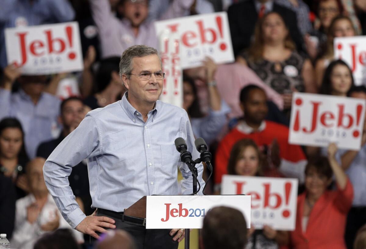 Republican presidential candidate Jeb Bush, seen here in Miami on June 15, has been hit with criticism by frontrunner Donald Trump for speaking Spanish.