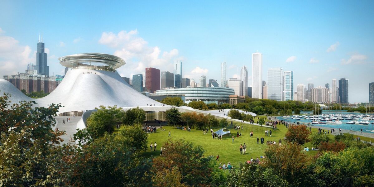 An architectural rendering provided by the Lucas Museum of Narrative Art shows MAD Architects' design of the planned museum along Chicago's lakefront.