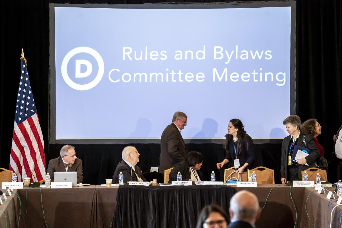The Democratic National Committee Rules and Bylaws Committee meets.