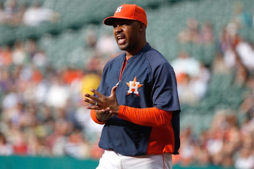 Bo Porter argues a call during an Astros game against the Toronto Blue Jays last month at Minute Maid Park in Houston.