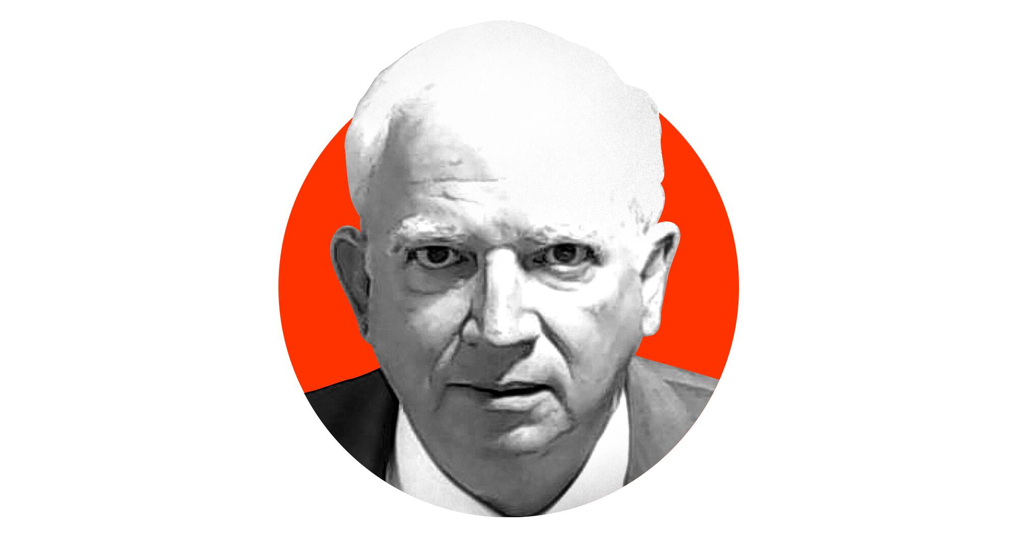 A photo illustration of a black-and-white police booking photo of lawyer John Eastman emerging from a red circle